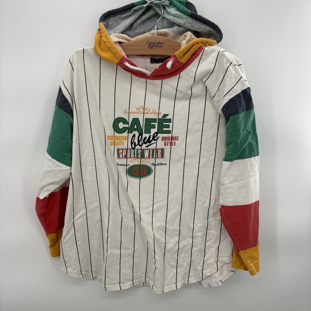 Vintage 80s Cafe Blue Sportswear Mens Jersey White Colorful Stripe Hooded Large